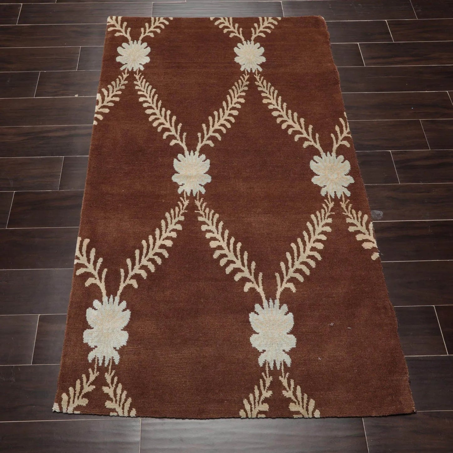 3x5 Hand-Knotted Tibetan Terra Trellis Floral Wool & Silk Brown Are Rug-2