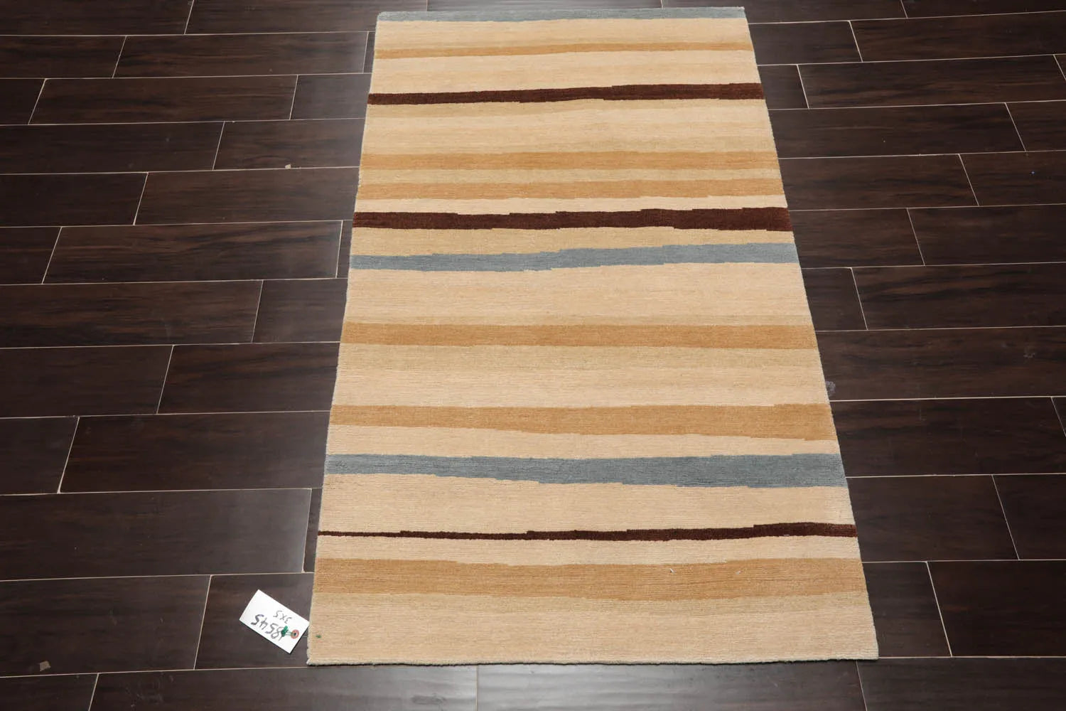 3x5 Hand-Knotted Contemporary  Striped Tibetan Wool Area Rug Beige-2
