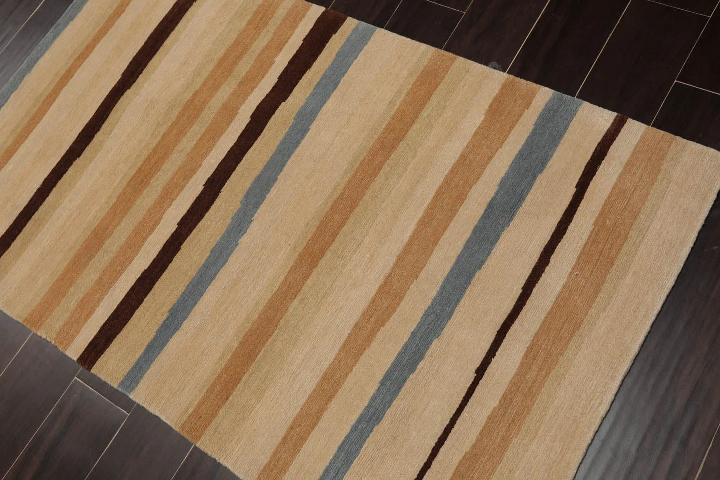 3x5 Hand-Knotted Contemporary  Striped Tibetan Wool Area Rug Beige-3