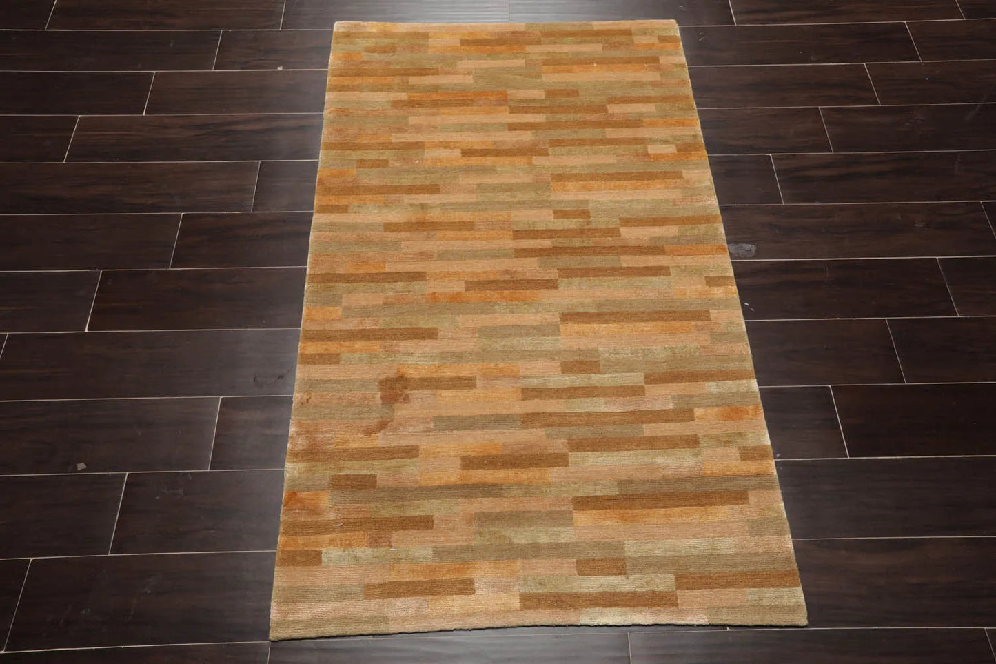 3x5 Gold Hand Knotted Tibetan Contemporary Striped Wool & Silk Oriental Area Rug-2
