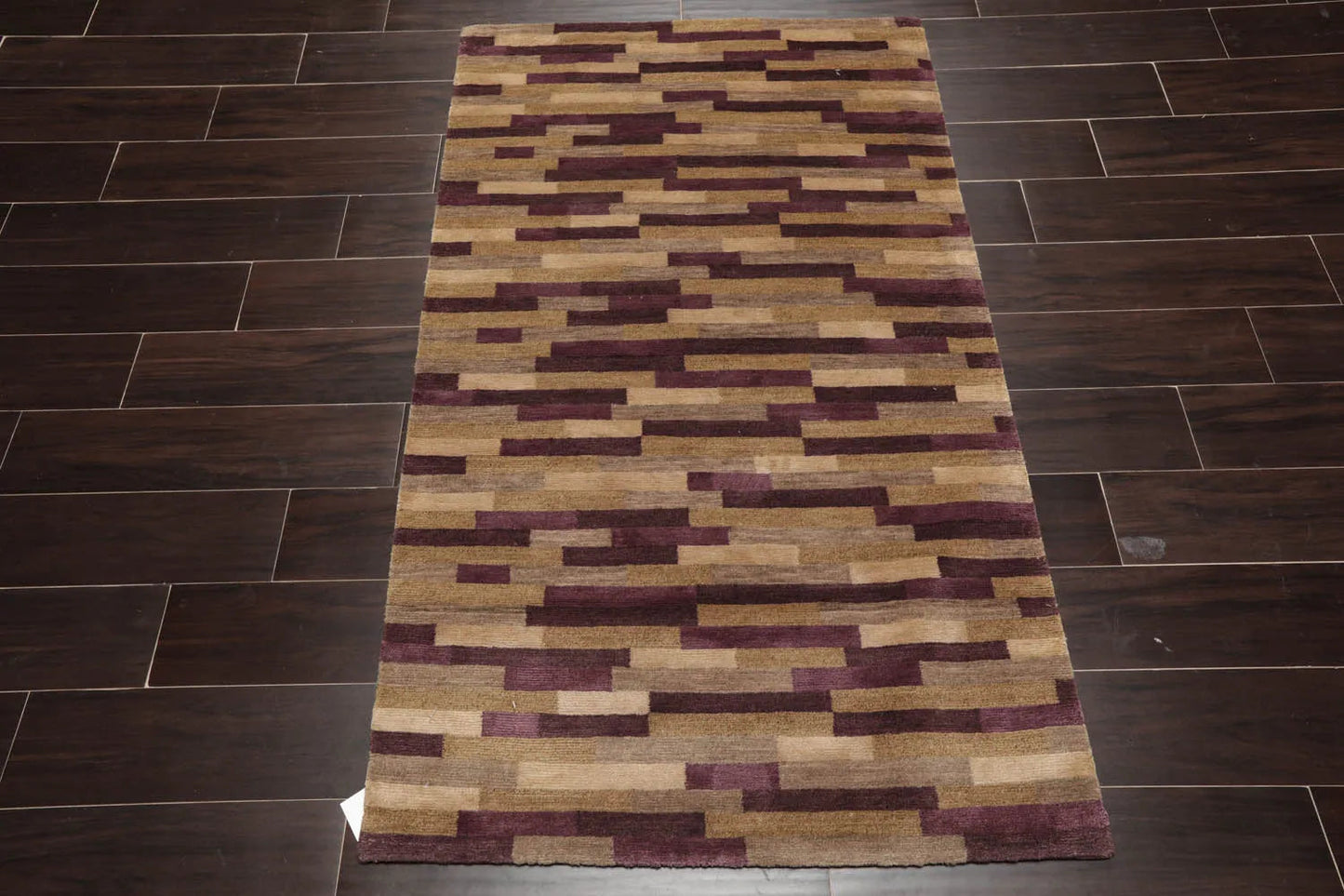 3x5 Aubergine Hand Knotted Tibetan Contemporary  Striped Wool & Silk Oriental Area Rug-2