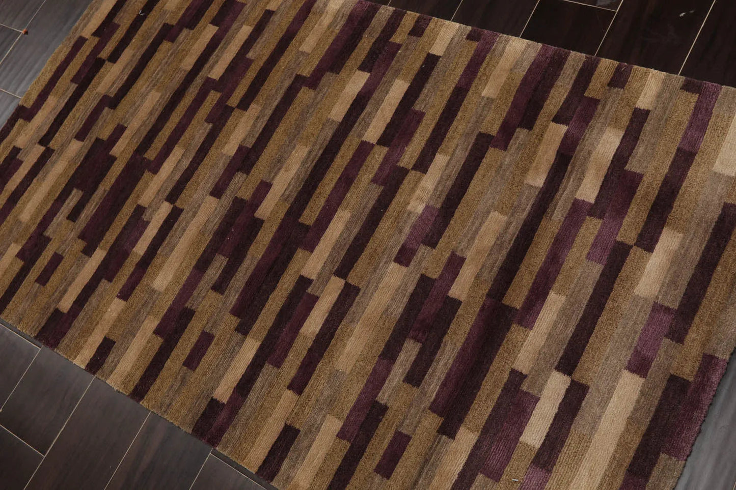 3x5 Aubergine Hand Knotted Tibetan Contemporary  Striped Wool & Silk Oriental Area Rug-3