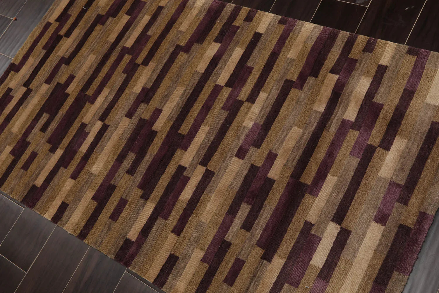 3x5 Aubergine Hand Knotted Tibetan Contemporary  Striped Wool & Silk Oriental Area Rug-3