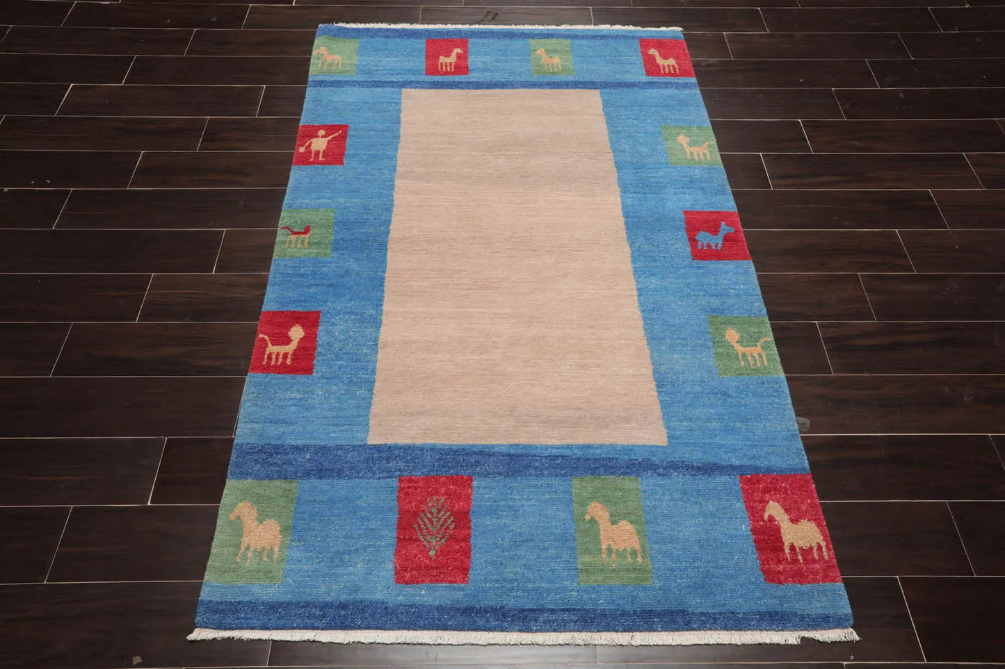 4x6 Beige Hand Knotted Tibetan Contemporary Gabbehh Wool Oriental Area Rug-2