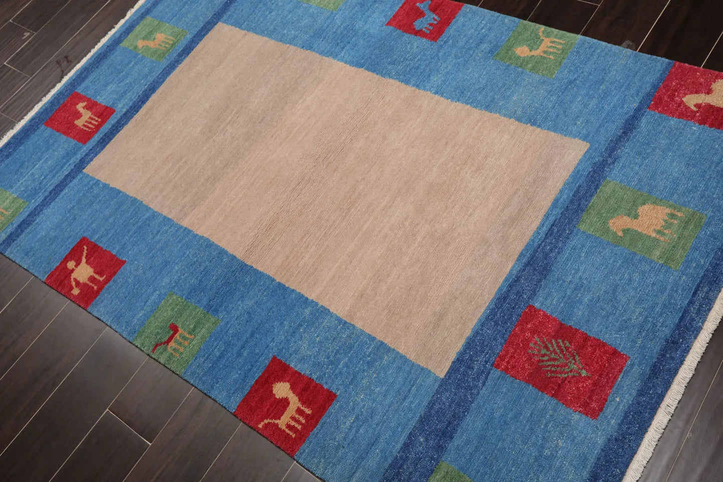 4x6 Beige Hand Knotted Tibetan Contemporary Gabbehh Wool Oriental Area Rug-3