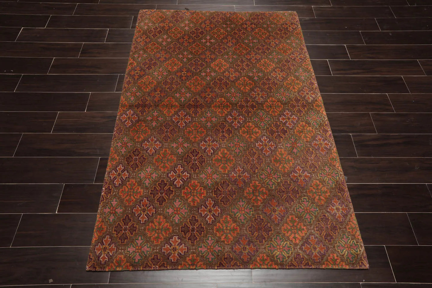 4x6 Brown Hand Knotted Tibetan Transitional  Floral Wool & Silk Oriental Area Rug-2