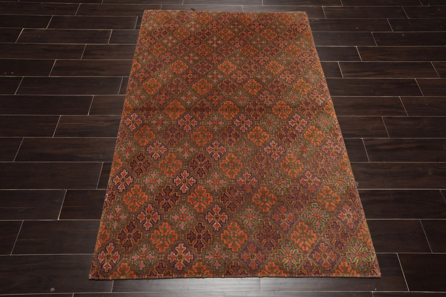 4x6 Brown Hand Knotted Tibetan Transitional  Floral Wool & Silk Oriental Area Rug-2