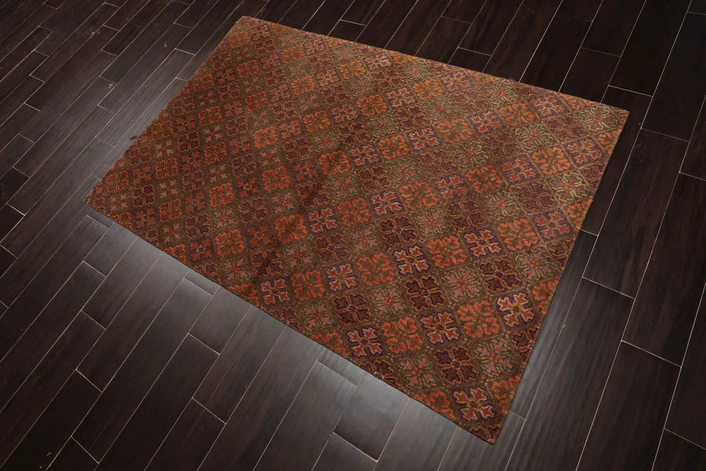 4x6 Brown Hand Knotted Tibetan Transitional  Floral Wool & Silk Oriental Area Rug-3