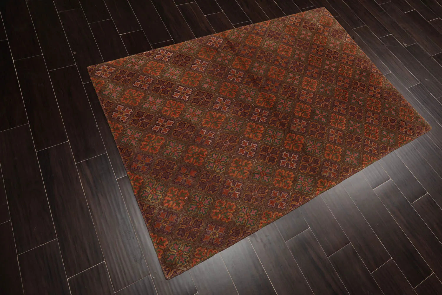 4x6 Brown Hand Knotted Tibetan Transitional  Floral Wool & Silk Oriental Area Rug-4