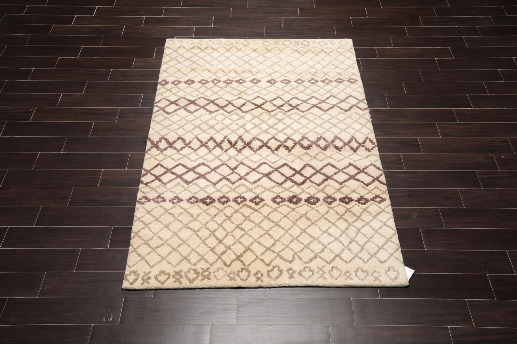 5' x 7'4" Handmade 100% Wool Modern Moroccan Oriental Area rug Ivory Gray Brown-1