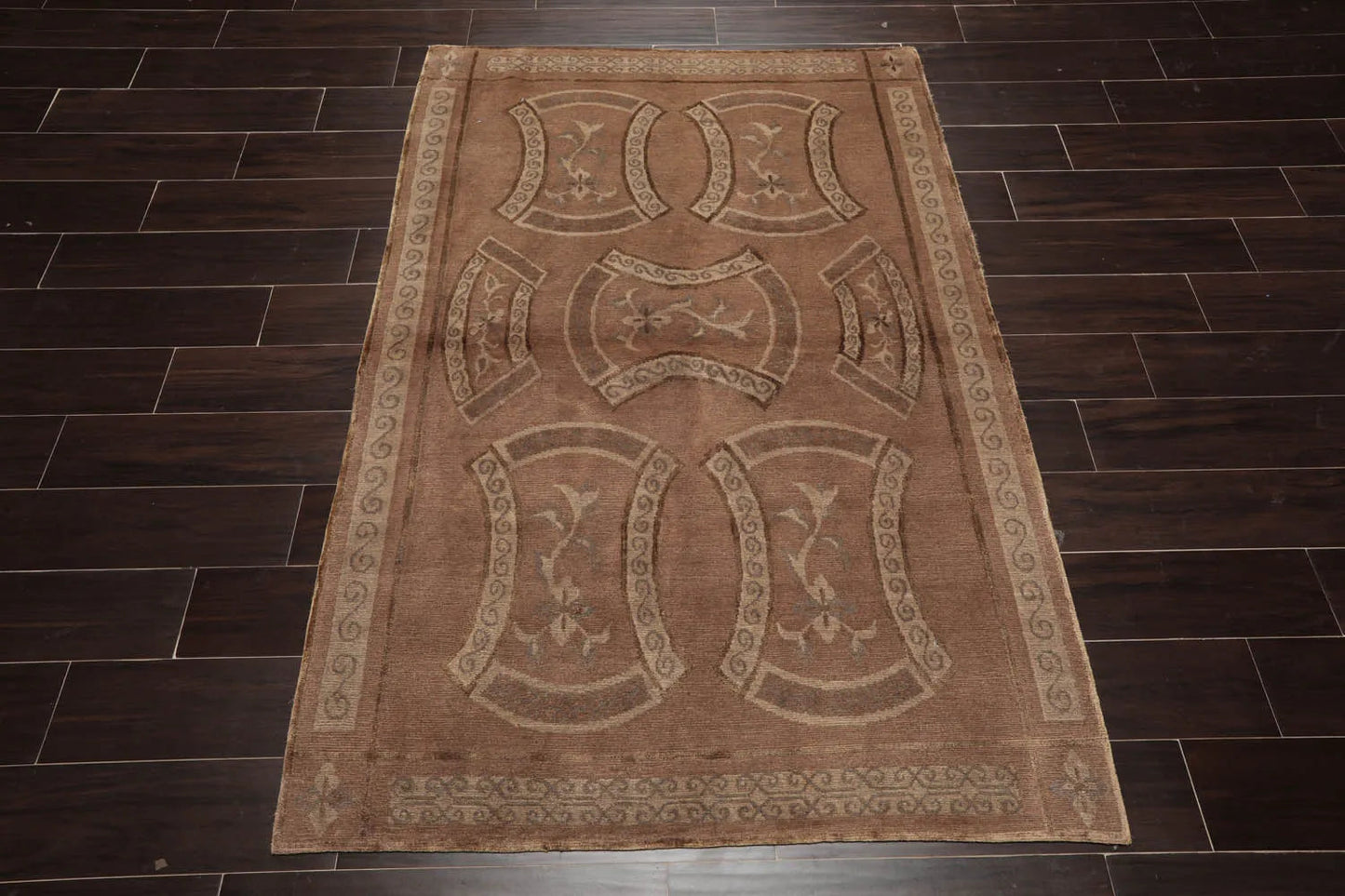 4x6 Taupe Hand Knotted Tibetan Transitional All-Over Wool & Silk Oriental Area Rug-2