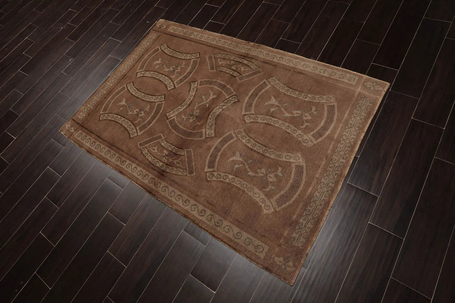 4x6 Taupe Hand Knotted Tibetan Transitional All-Over Wool & Silk Oriental Area Rug-3
