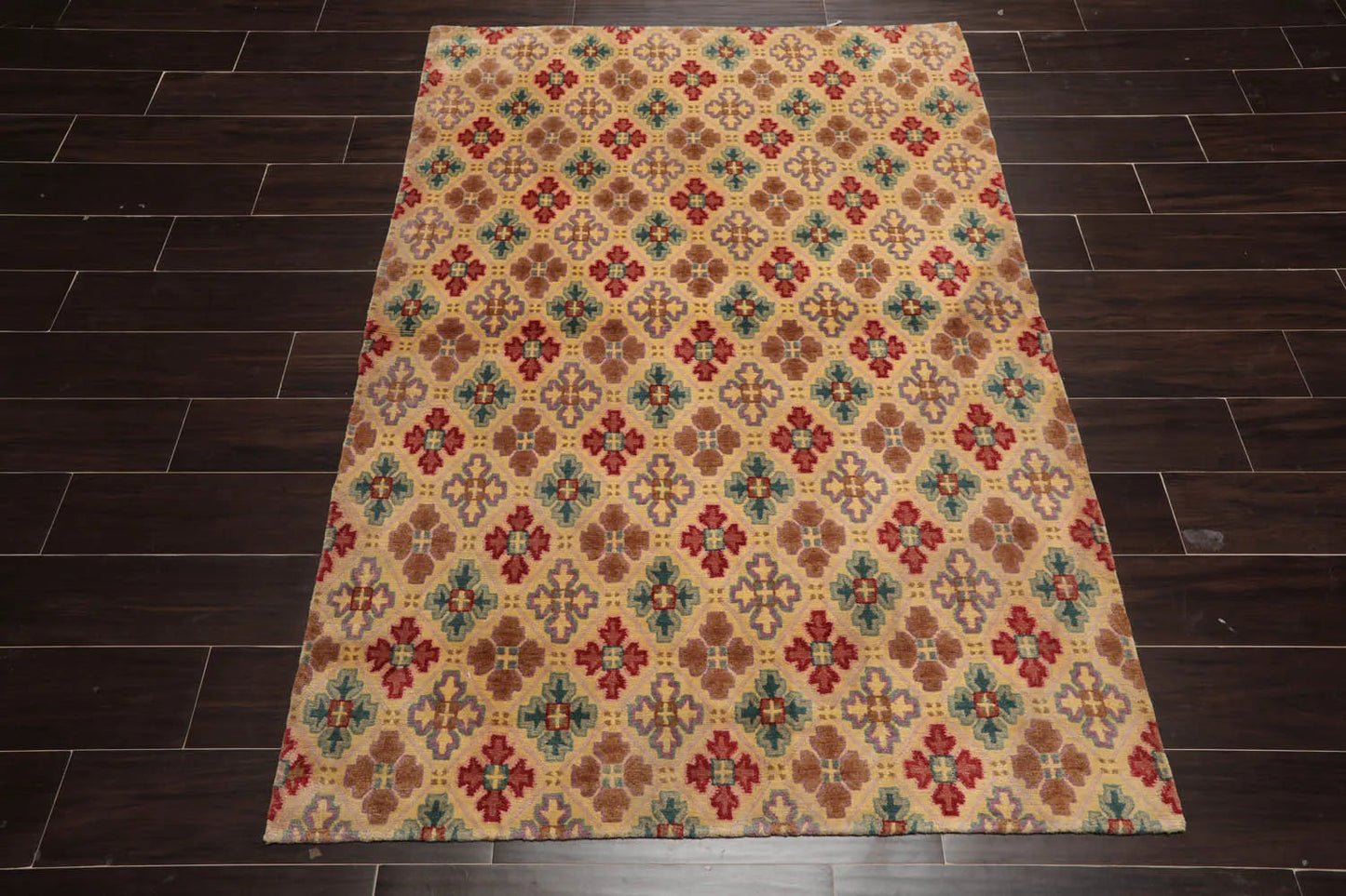 4x6 Beige Hand Knotted Tibetan Transitional  All-Over Wool Oriental Area Rug-2