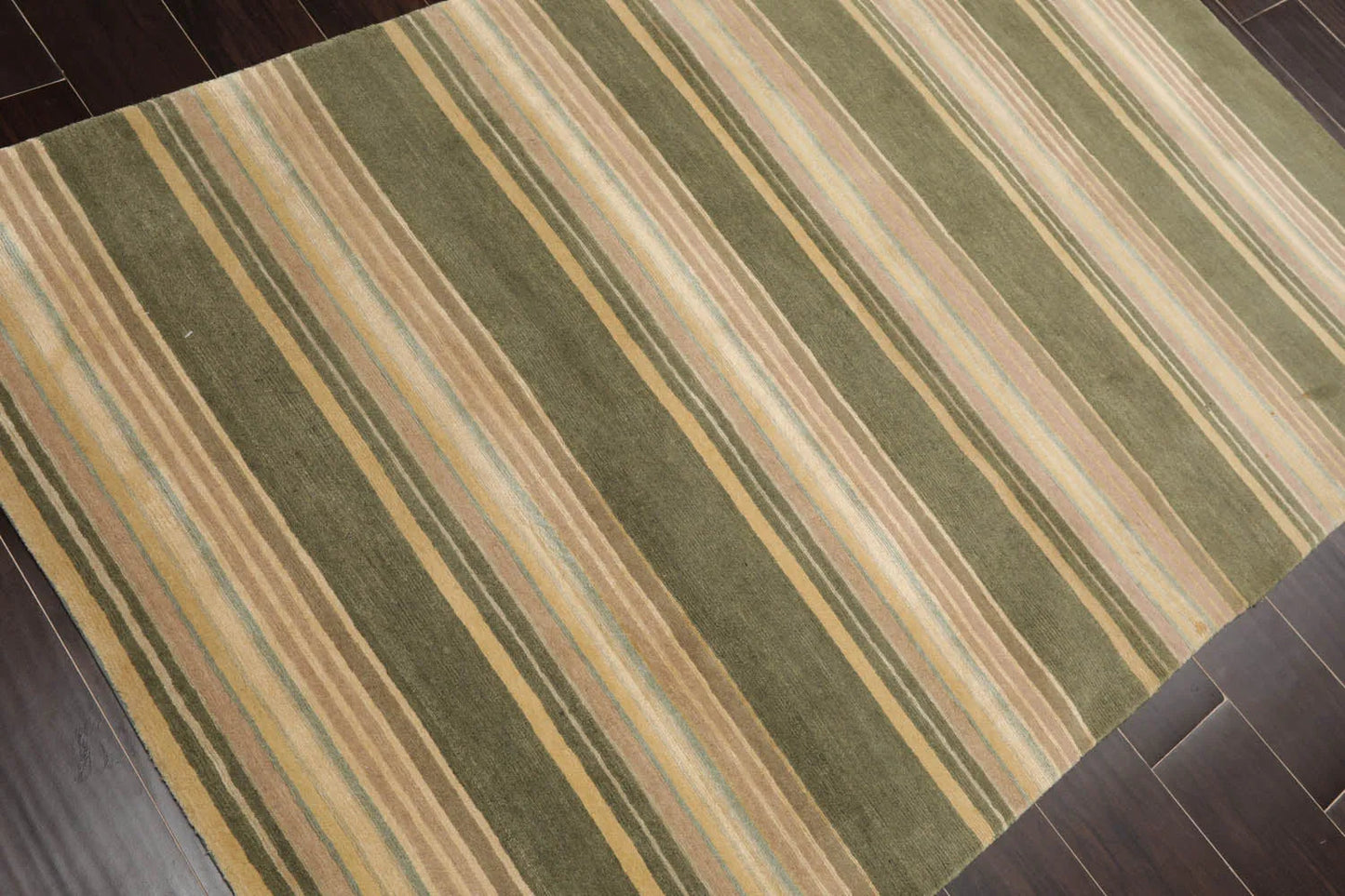 4x6 Beige Hand Knotted Modern Tibetan Striped Wool and Silk Oriental Area Rug-4