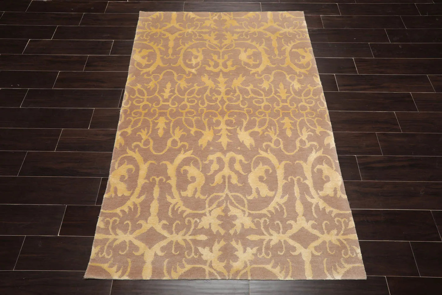4x6 Beige Hand Knotted Transitional Tibetan Floral Wool and Silk Oriental Area Rug-2