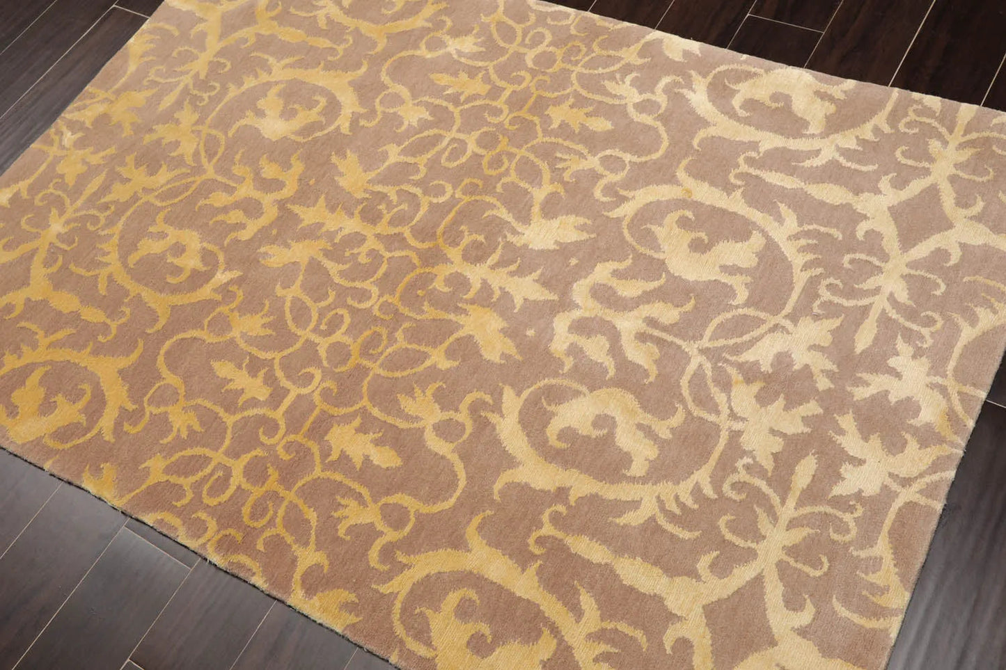 4x6 Beige Hand Knotted Transitional Tibetan Floral Wool and Silk Oriental Area Rug-3