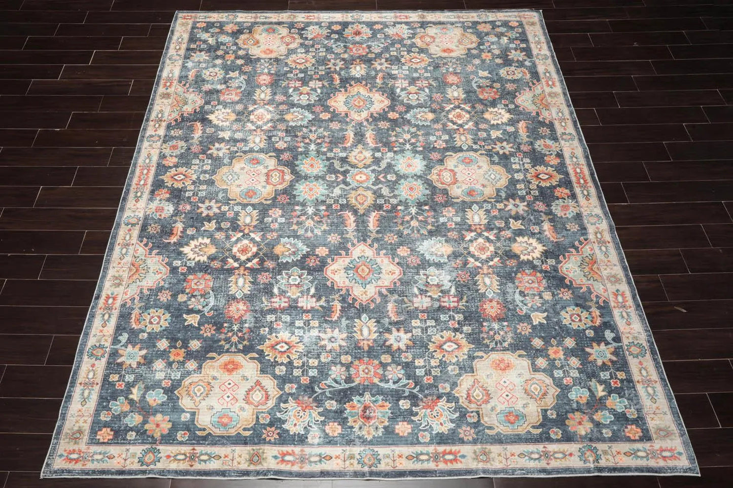 Multi Size Navy Machine Made Traditional washable Polyester Oriental Area Rug-2