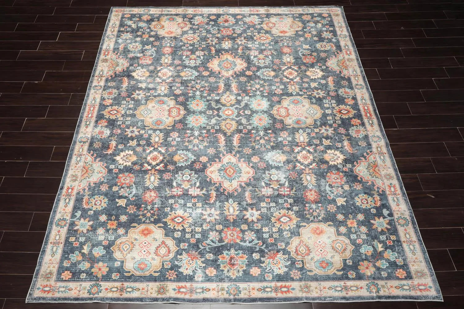 Multi Size Navy Machine Made Traditional washable Polyester Oriental Area Rug-2