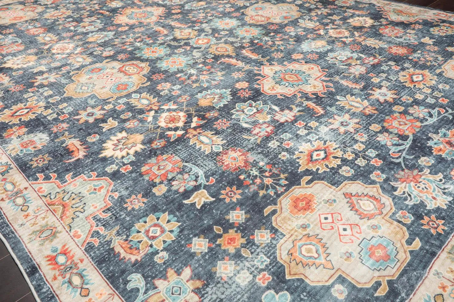 Multi Size Navy Machine Made Traditional washable Polyester Oriental Area Rug-3