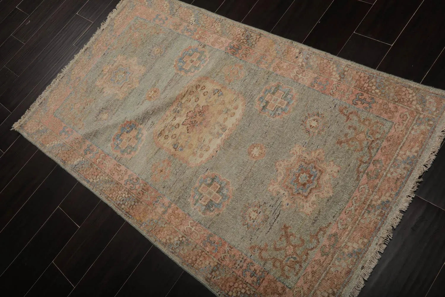 Muted Afghan Oushak Vegetable Dyes 3’ x 5’ Hand Knotted Wool Area Rug Sea Foam-1