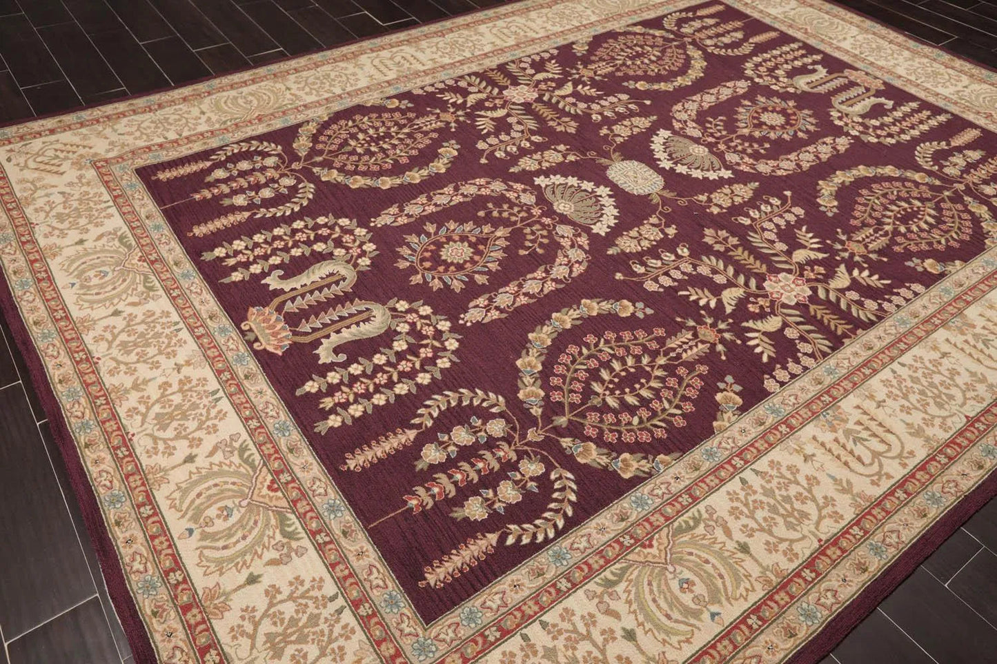 9x12 Aubergine Hand Hooked French Aubusson 100% Wool Traditional Oriental Area rug-3