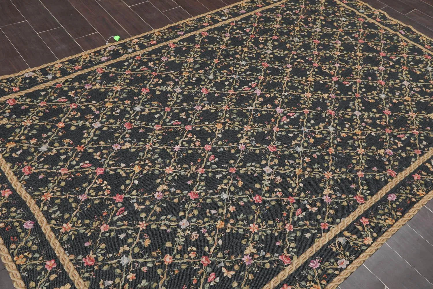 6x9 Black Hand Woven Wool French Aubusson Needlepoint Flat pile Oriental Area Rug-3