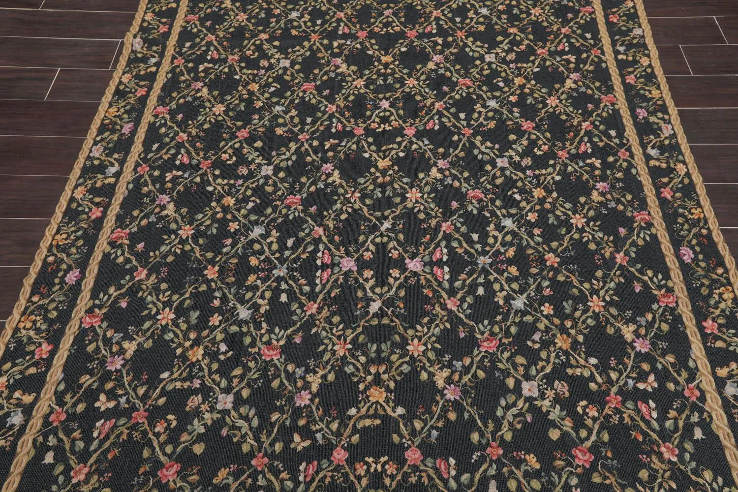 6x9 Black Hand Woven Wool French Aubusson Needlepoint Flat pile Oriental Area Rug-4