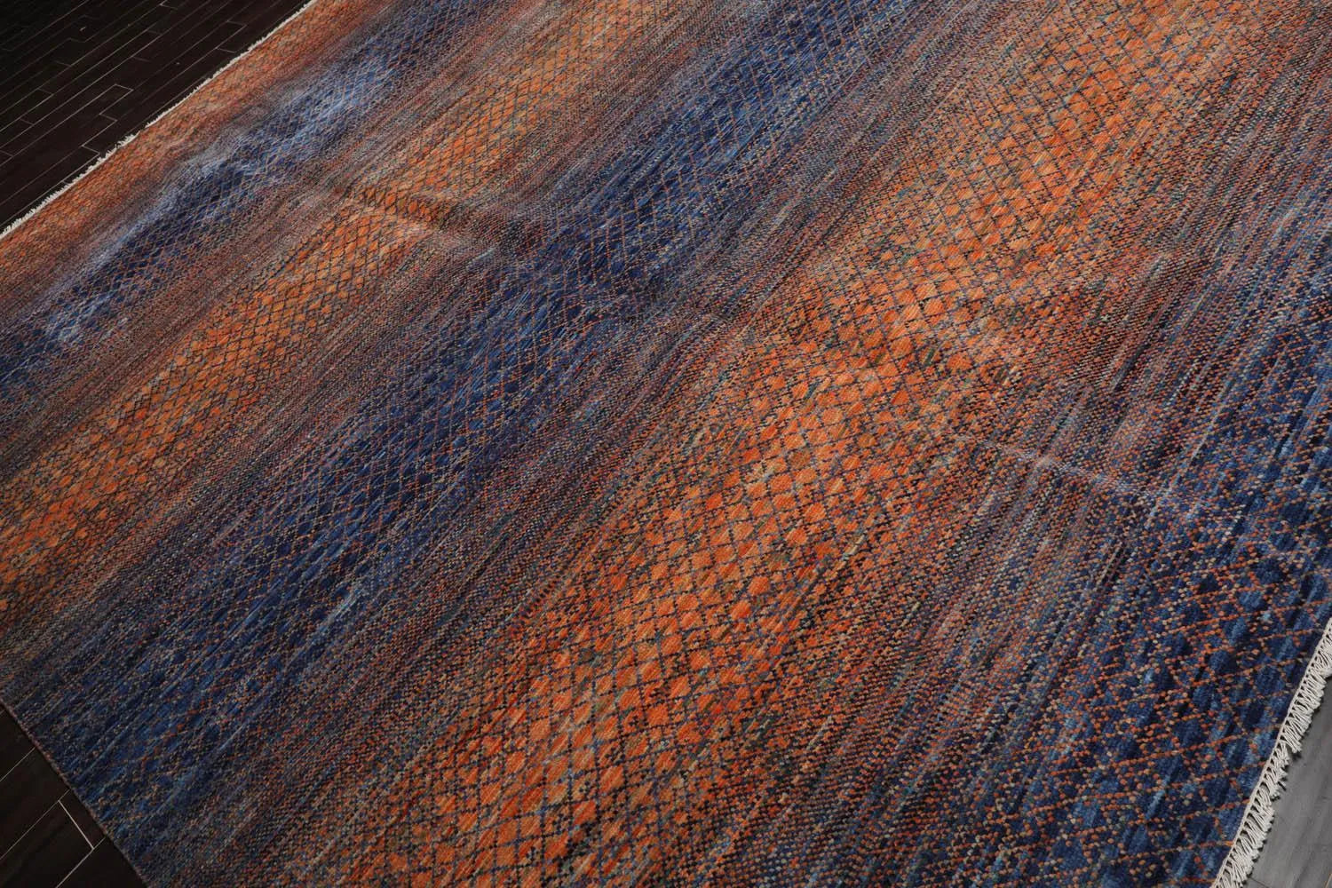 9’ x 12’ Hand Knotted 100% Wool Modern Grass Oriental Area Rug Orange, Navy-2
