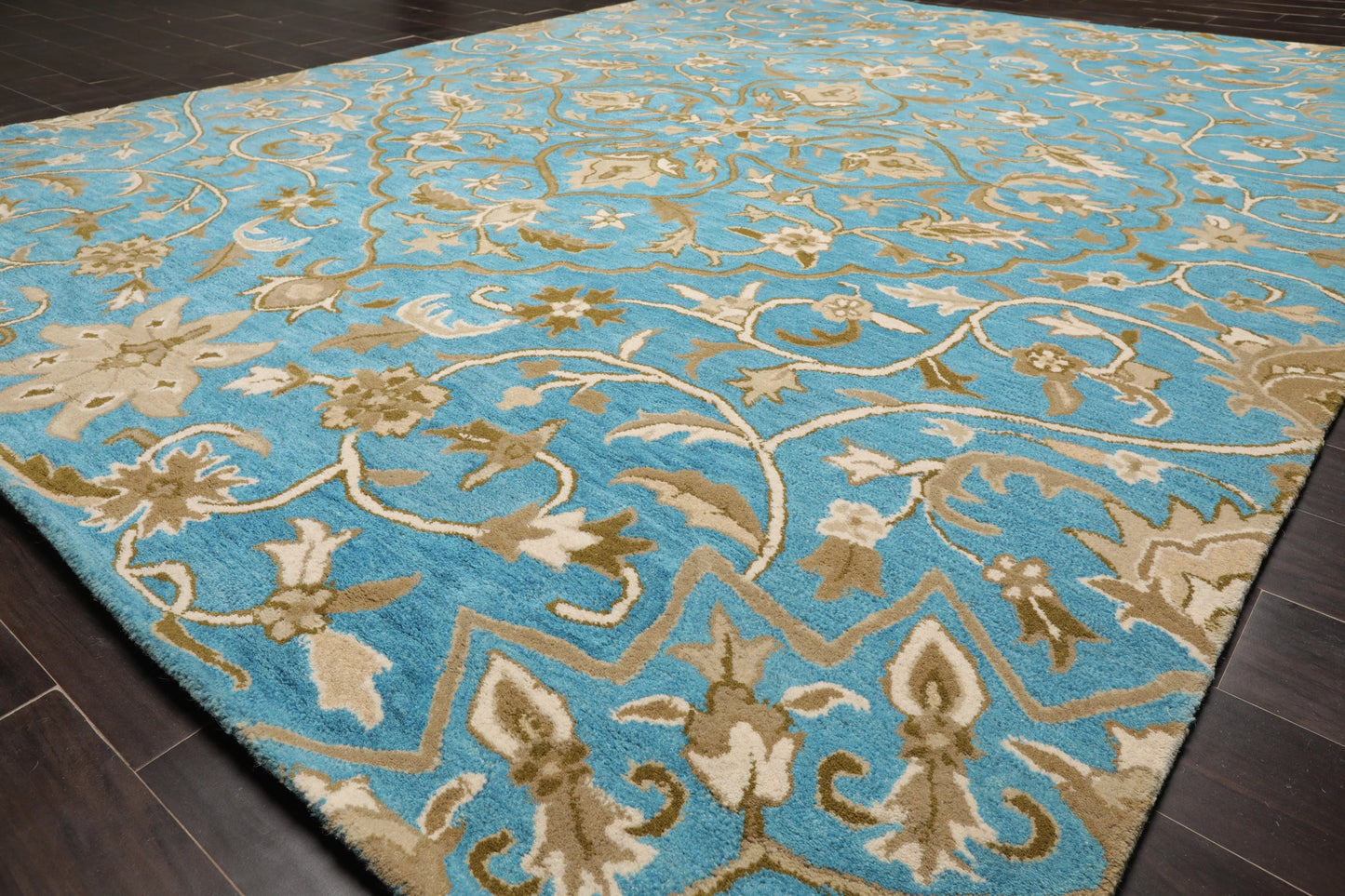 LoomBloom 7'8"x10' Aqua Hand Tufted Transitional Floral 100% Wool Oriental Area Rug-2