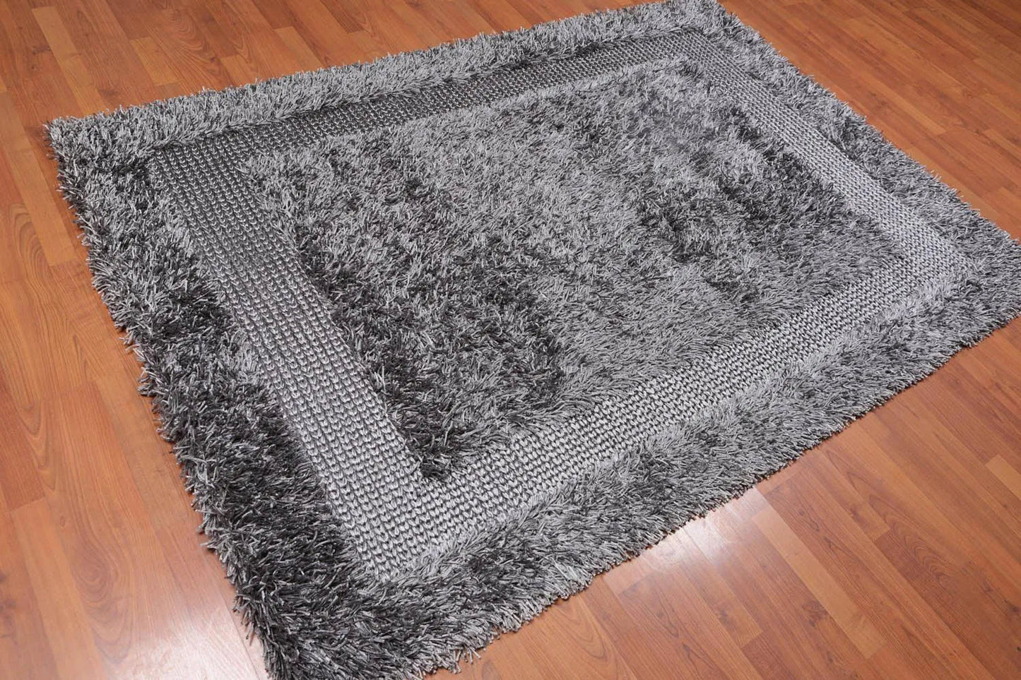 5'x7'6 Handmade Polyester Shag Oriental Area Rug Silver Gray Color-2