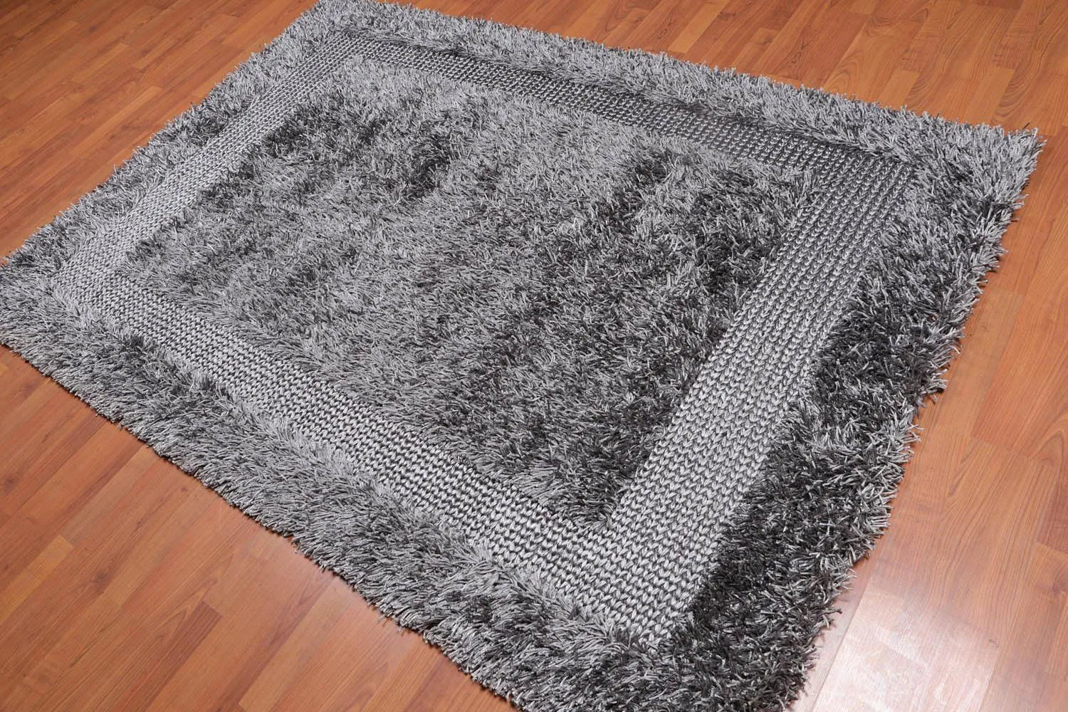 5'x7'6 Handmade Polyester Shag Oriental Area Rug Silver Gray Color-1