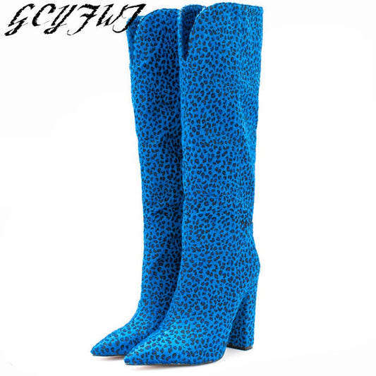 Winter Women Knee High Boots Pointed Toe Crude Heel Slip-on Women Shoes Fashion Party Color Matching Leopard Print Female Boots
