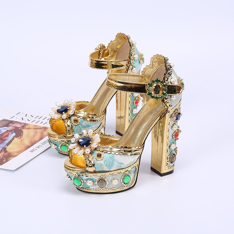 Summer Leather women sandals gold roman gladiator sandals square heel pearl sandles women platform sandals big size 41 42