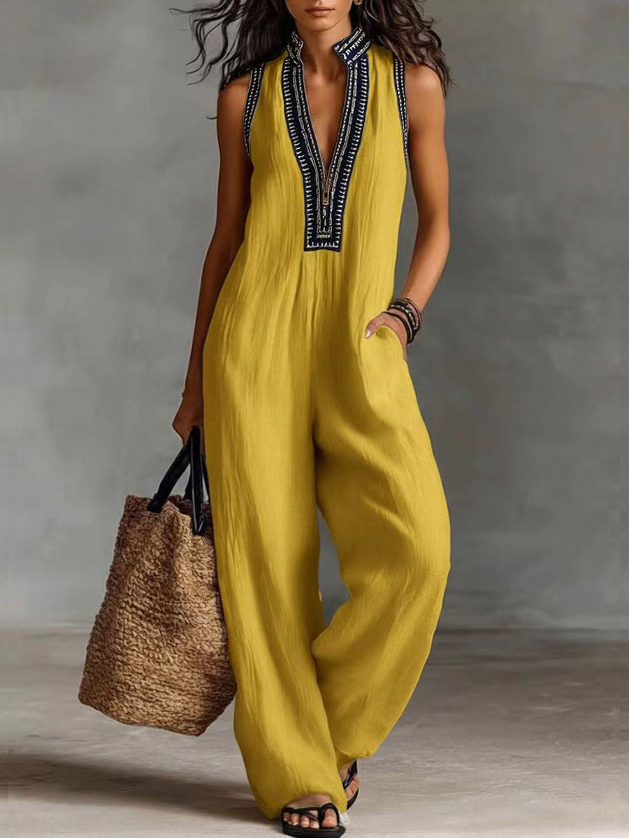 Women's Simple Linen-blend Sleeveless Jumpsuit