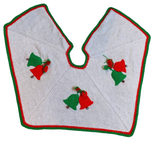 Vintage Handmade Crochet Cottage Core Acrylic Yarn Christmas Tree Skirt w Bells