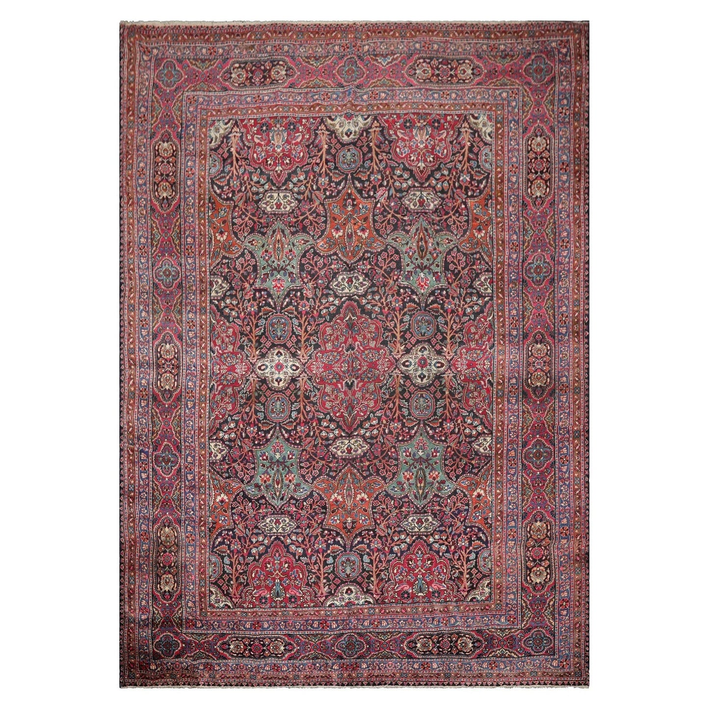 Antique 9'5'' x 13'6'' Hand Knotted 100% Wool Mashaad Traditional Area Rug Navy-2