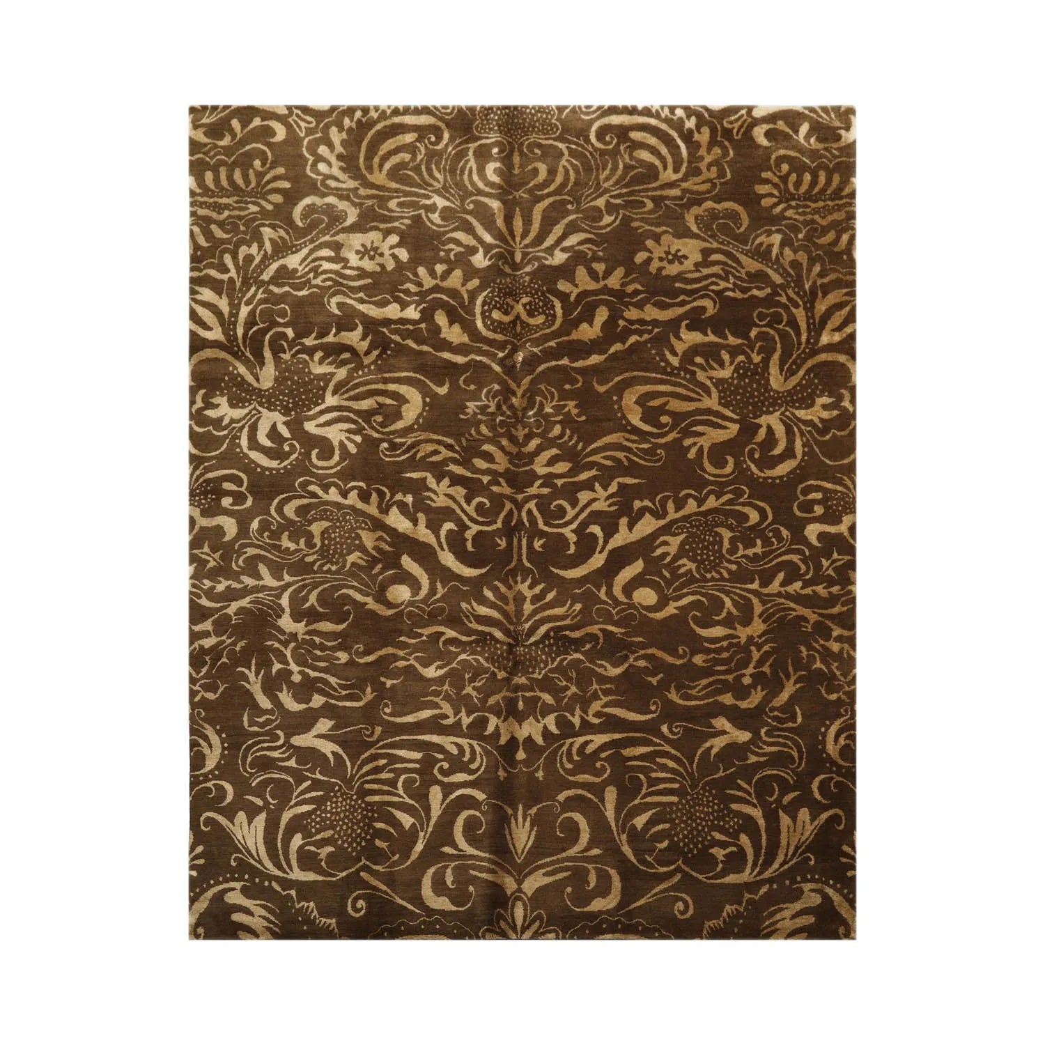 8x10 Olive, Gold Hand Knotted Tibetan Wool and Silk Transitional Oriental Area Rug-1