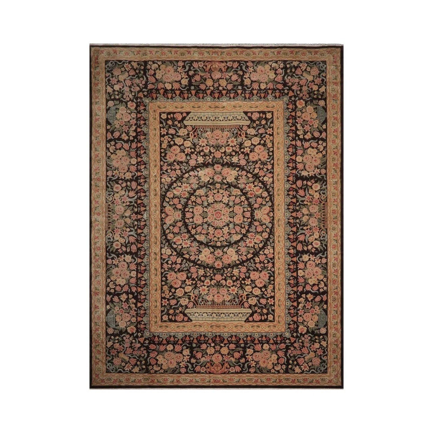 Multi Size Chocolate, Tan Hand Knotted Aubusson Savonnerie 100% Wool Traditional Oriental Area Rug-1