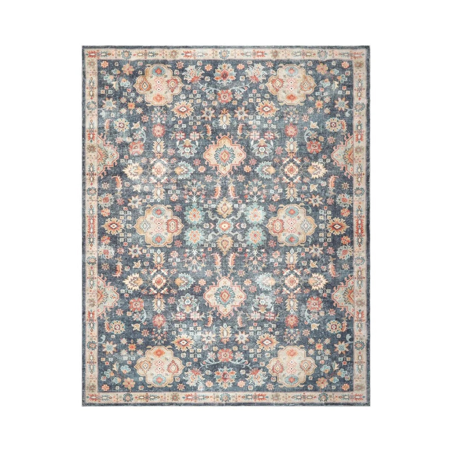 Multi Size Navy Machine Made Traditional washable Polyester Oriental Area Rug-1
