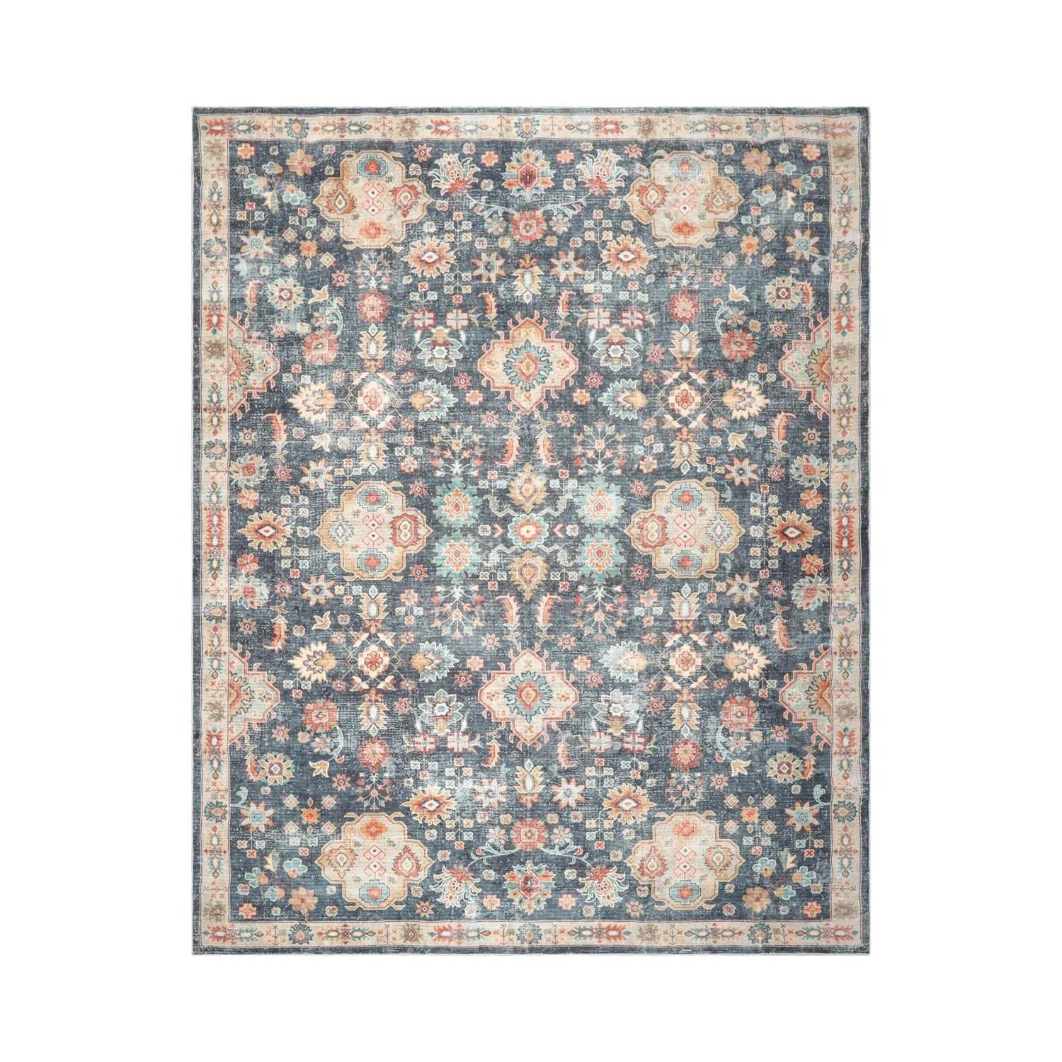 Multi Size Navy Machine Made Traditional washable Polyester Oriental Area Rug-1