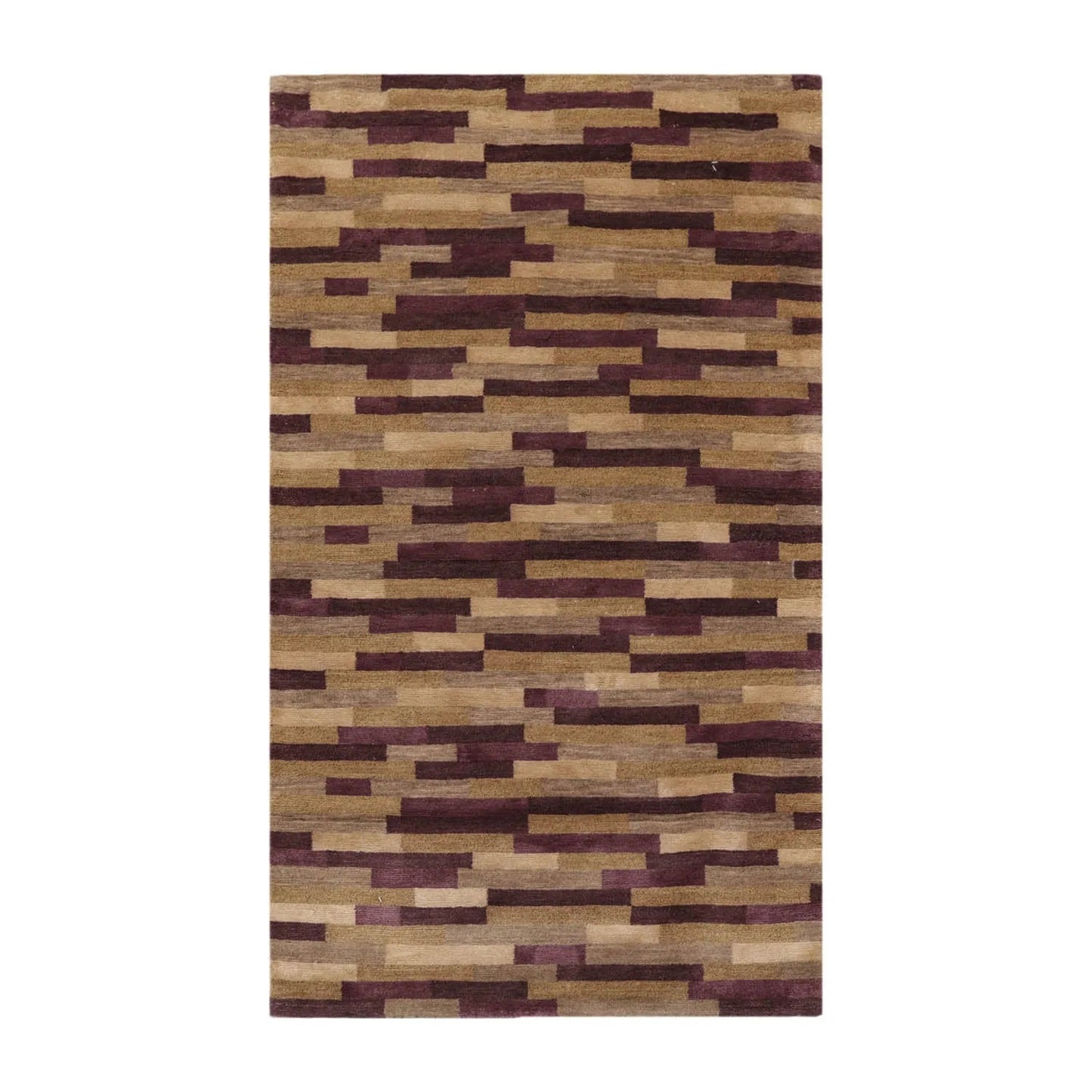 3x5 Aubergine Hand Knotted Tibetan Contemporary  Striped Wool & Silk Oriental Area Rug-1