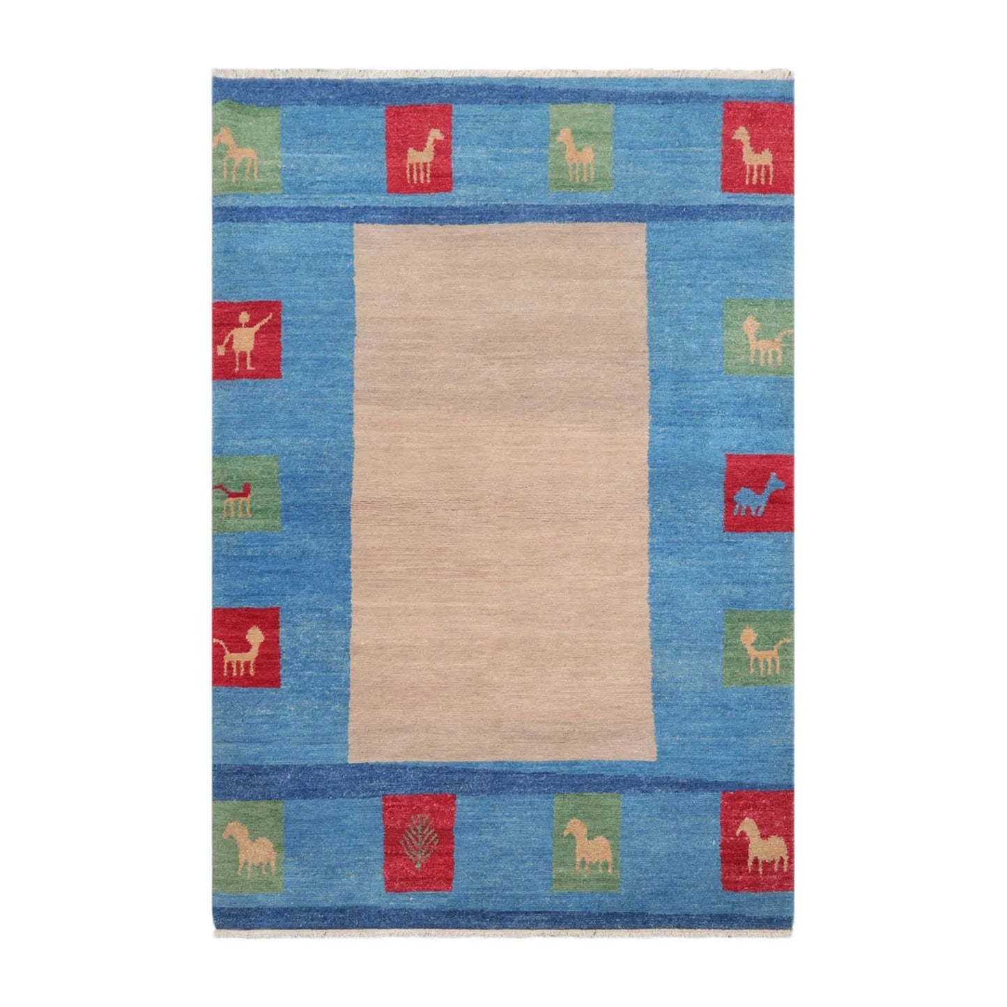 4x6 Beige Hand Knotted Tibetan Contemporary Gabbehh Wool Oriental Area Rug-1