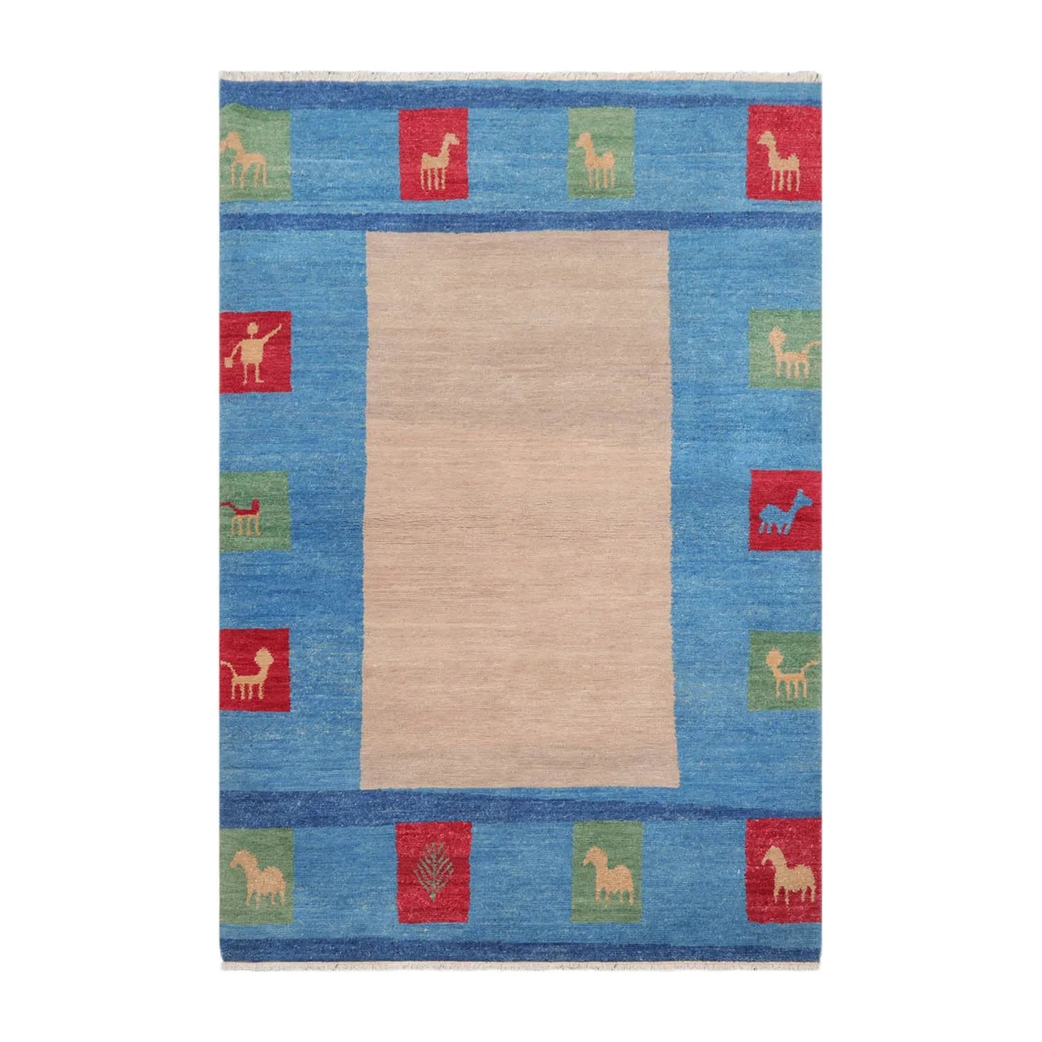4x6 Beige Hand Knotted Tibetan Contemporary Gabbehh Wool Oriental Area Rug-1