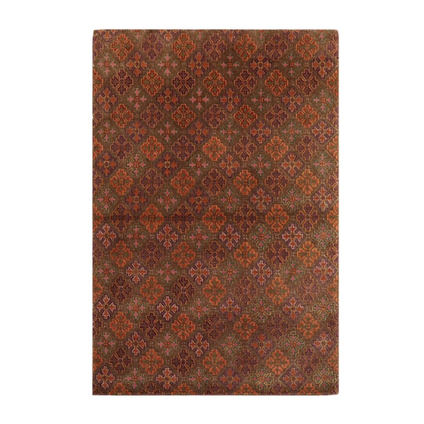 4x6 Brown Hand Knotted Tibetan Transitional  Floral Wool & Silk Oriental Area Rug-1