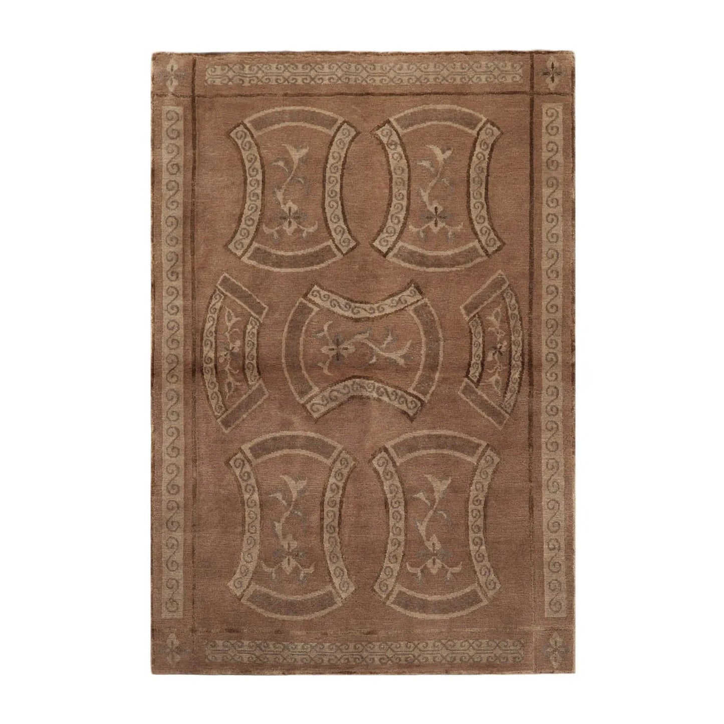 4x6 Taupe Hand Knotted Tibetan Transitional All-Over Wool & Silk Oriental Area Rug-1