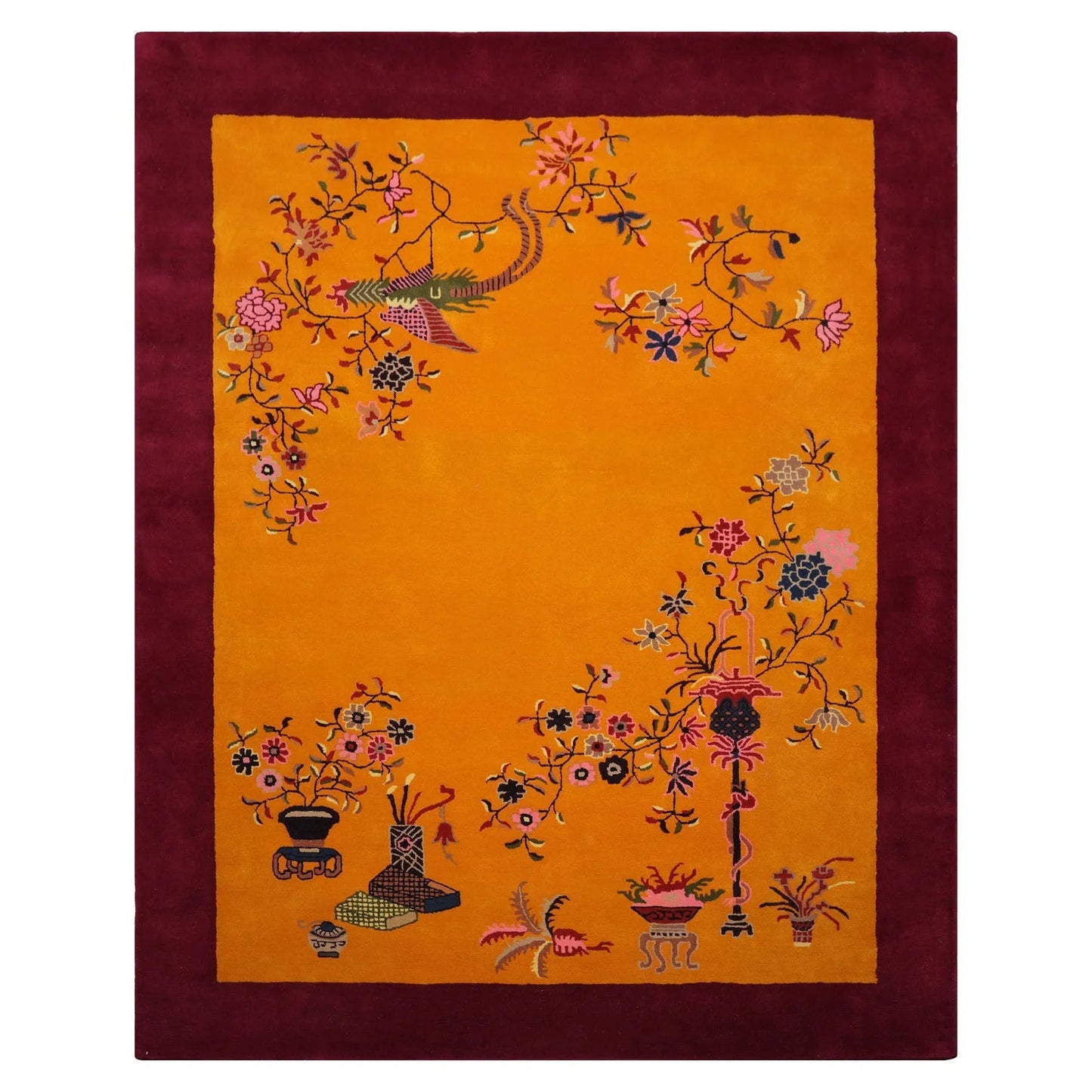 LoomBloom Multi Sizes Gold Hand Tufted Floral Chinese Art Deco New Zealand Wool Oriental Area Rug-1