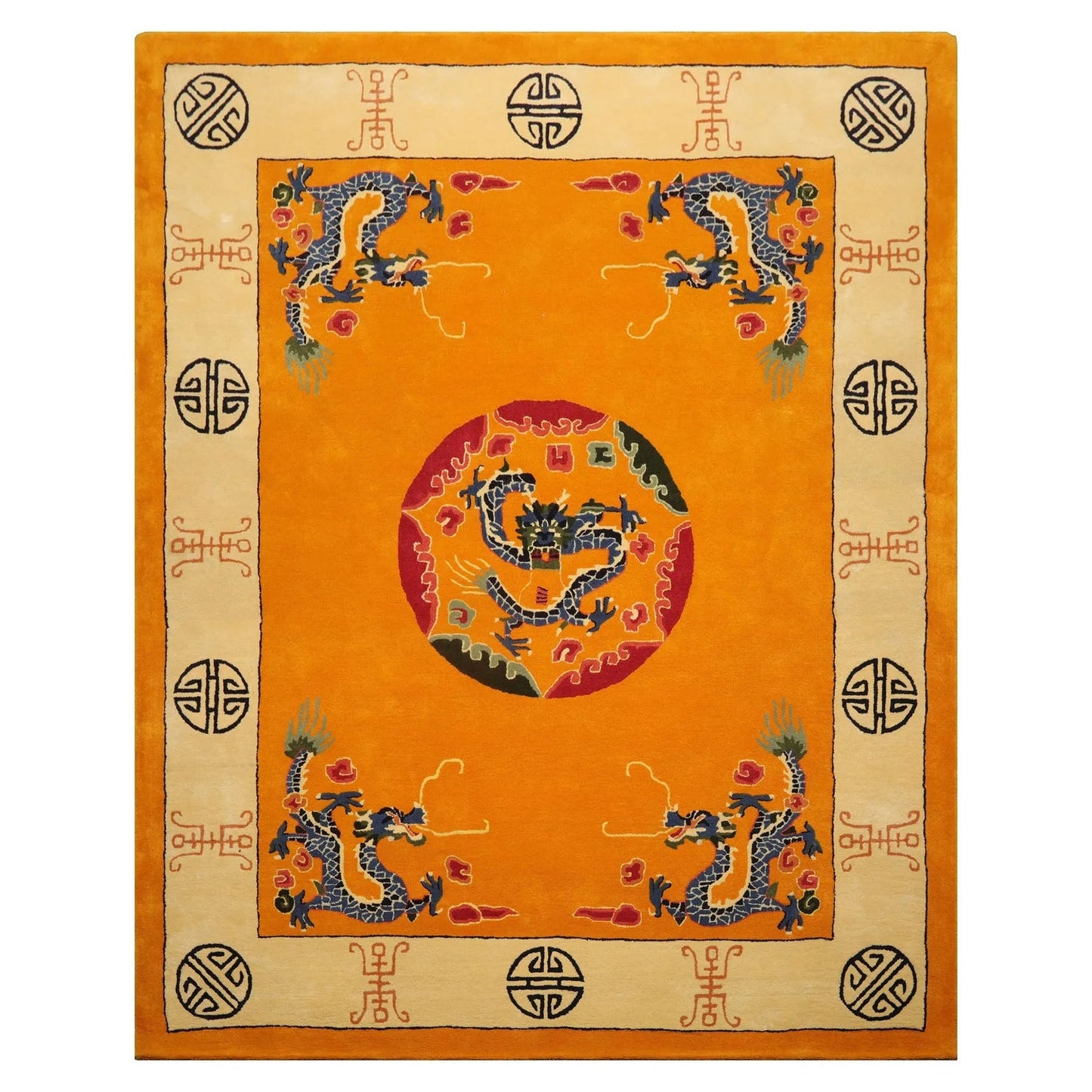 LoomBloom Multi Sizes Gold Hand Tufted Medallion & Dragon Chinese Art Deco New Zealand Wool Oriental Area Rug-3
