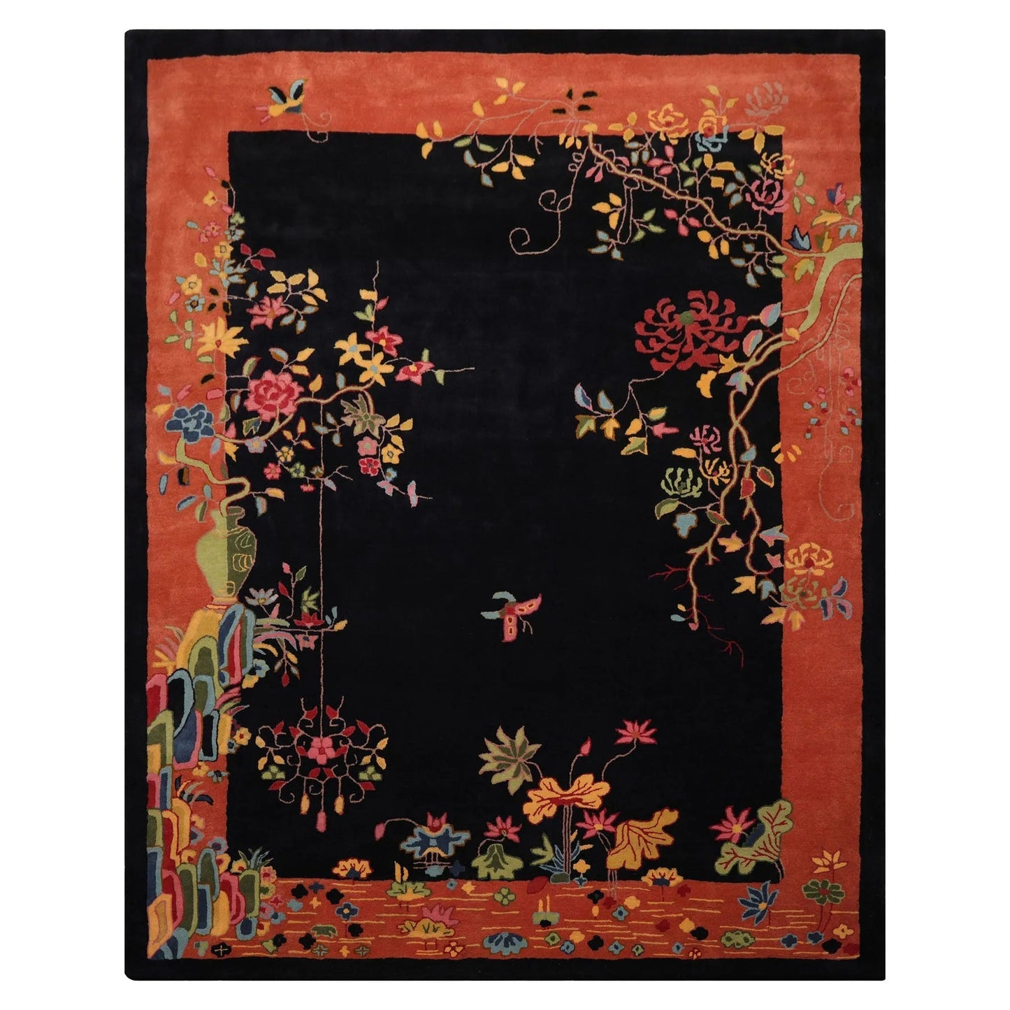 LoomBloom  Multi Sizes Black Hand Tufted Floral Chinese Art Deco New Zealand Wool Oriental Area Rug-1