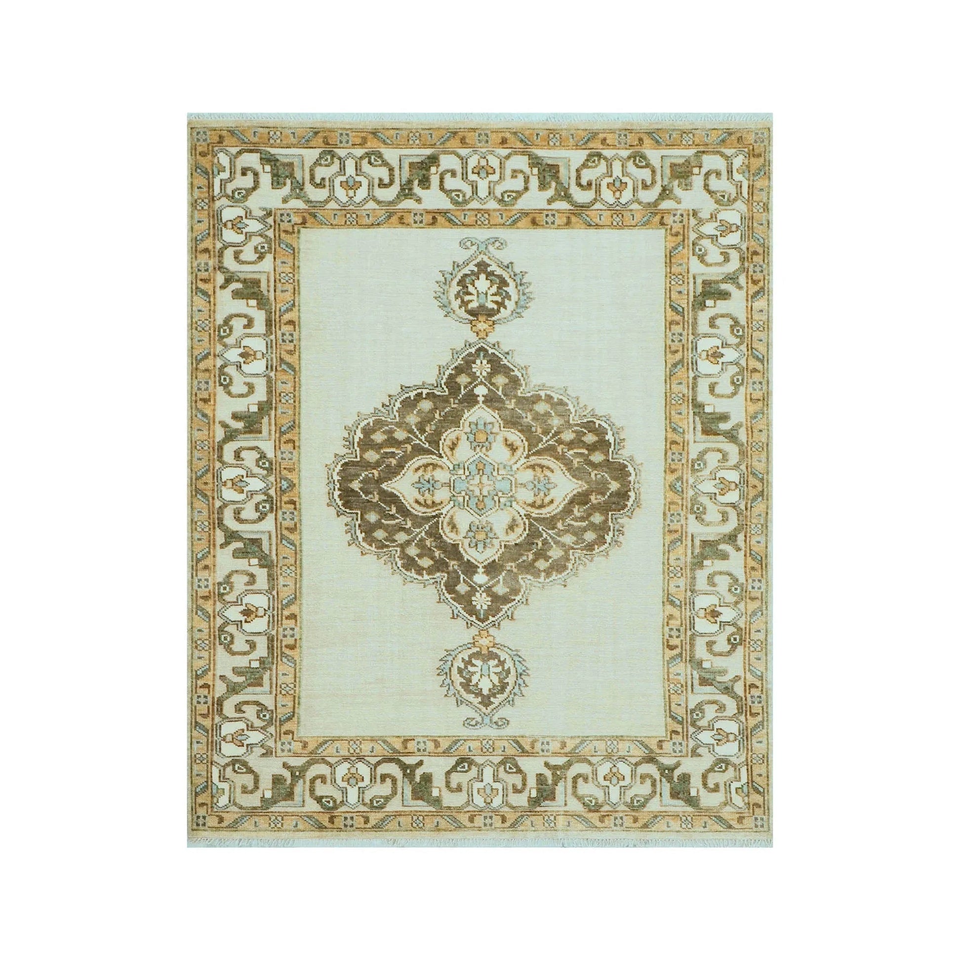 LoomBloom 8x10 Beige Hand Knotted Medallion Oushak Wool Oriental Area Rug-1