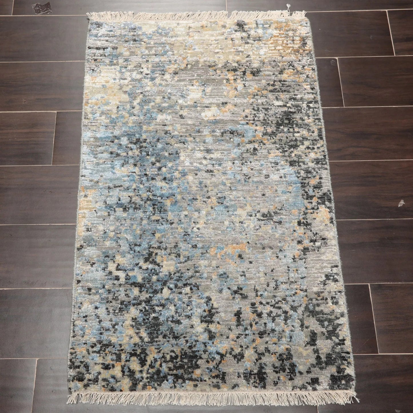 2'x3' Gray Hand Knotted Tibetan Modern Abstract Wool and Bamboo Silk Oriental Area Rug-1